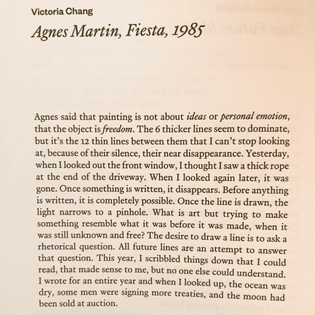 Victoria Chang, "Agnes Martin, Fiesta,1985"