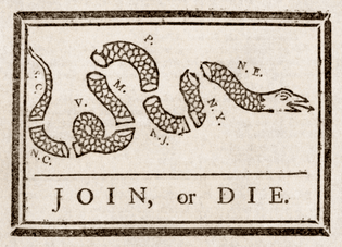 Join, or Die woodcut by Benjamin Franklin