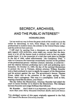 Howard Zinn, "Secrecy, Archives, and the Public Interest"