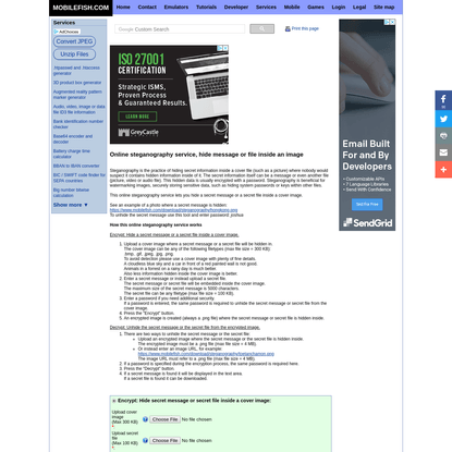 Mobilefish.com - Online steganography service, hide message or file inside an image.