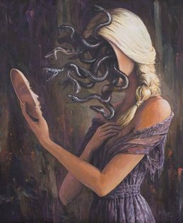 Facing Myself oil on canvas, 50x60cm Can see it as an interpretation of the Greek myth of Medusa, a beautiful girl who was c...