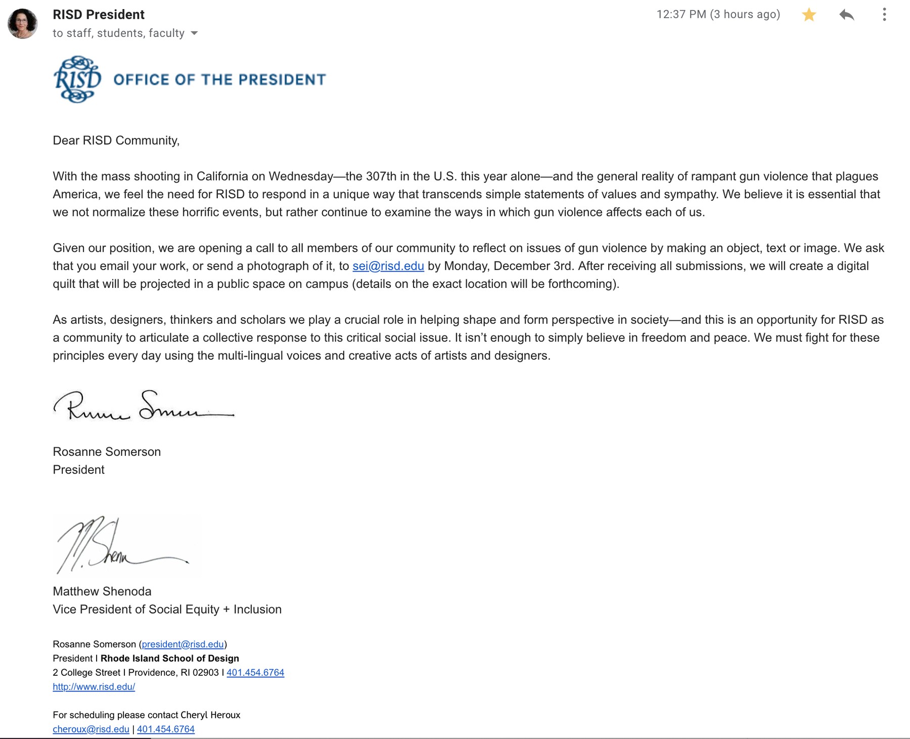 "reflect on issues of gun violence by making an object, text or image." note from RISD president (2018)