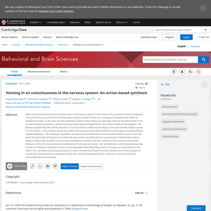 Homing in on consciousness in the nervous system: An action-based synthesis | Behavioral and Brain Sciences | Cambridge Core