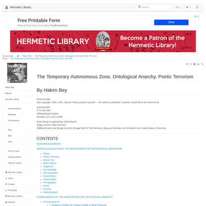 The Temporary Autonomous Zone, Ontological Anarchy, Poetic Terrorism - Hakim Bey - Hermetic Library
