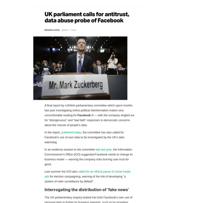 UK parliament calls for antitrust, data abuse probe of Facebook – TechCrunch