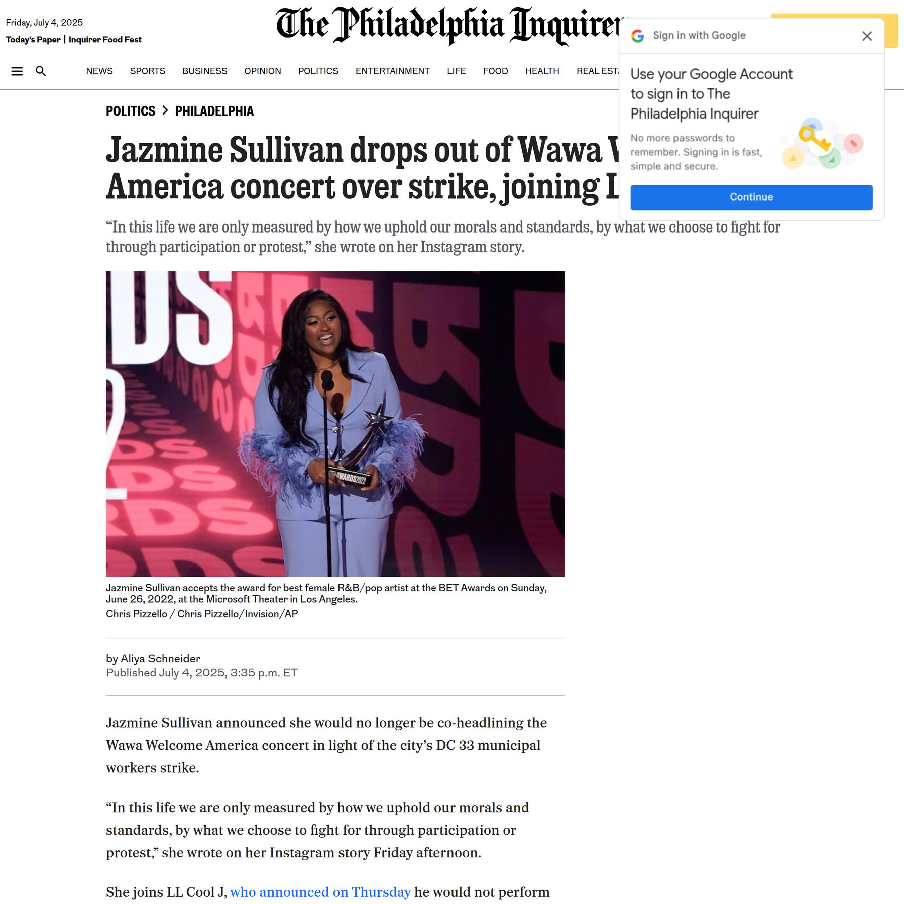 Jazmine Sullivan drops out of Wawa Welcome America concert over strike, joining LL Cool J