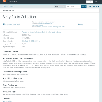 Betty Radin Collection - Archives Hub