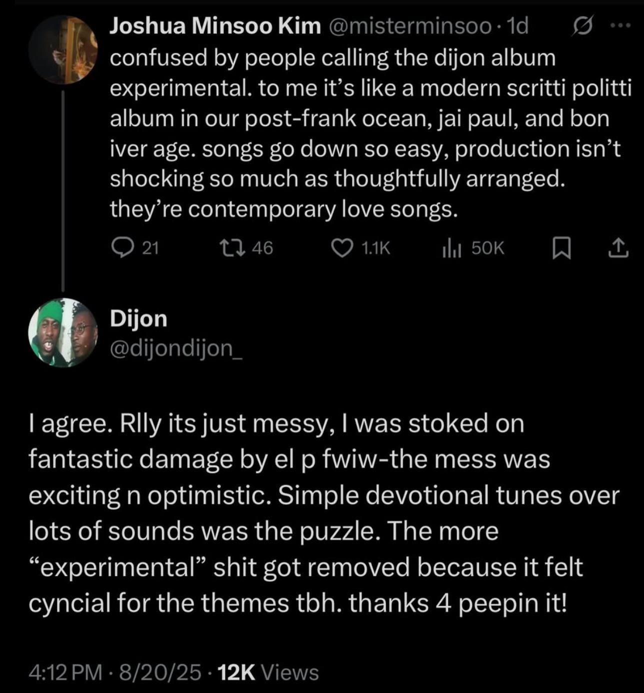 NEW DIJON TWEET replying to a comment about his new album ‘Baby’!!👀