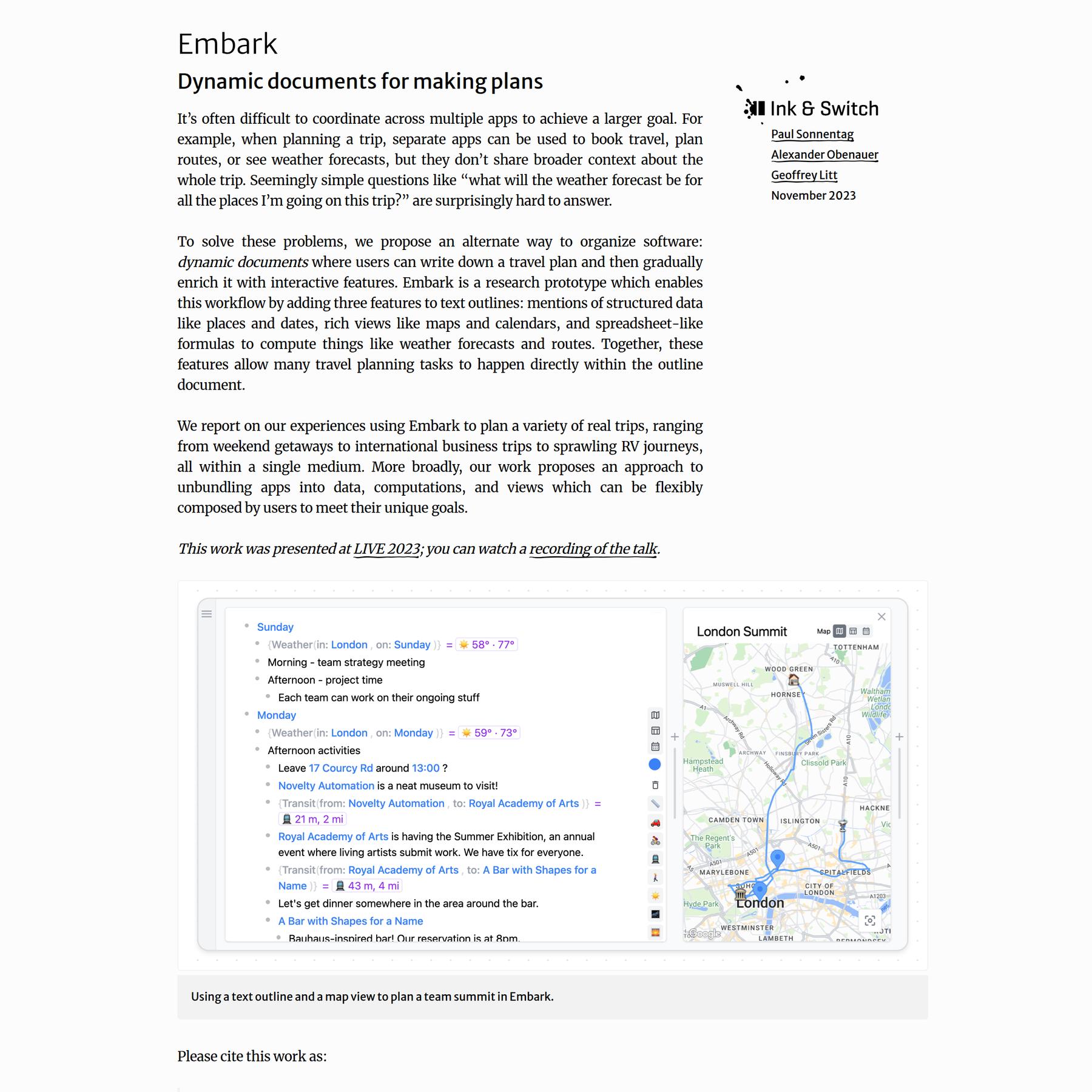 Embark: Dynamic documents for making plans